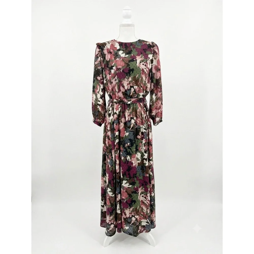 Anne Klein Floral Chiffon Midi Dress Burgundy Olive Green‎ Long Sleeve 1706